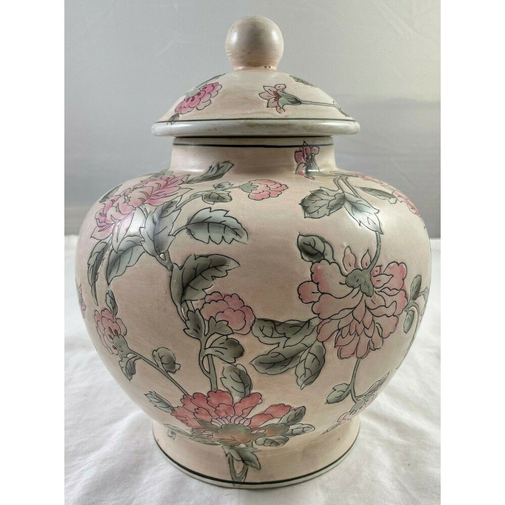 Pink Floral Ginger Jar w/ Lid Stamped Macau China 10.25" Hand Painted Vintage